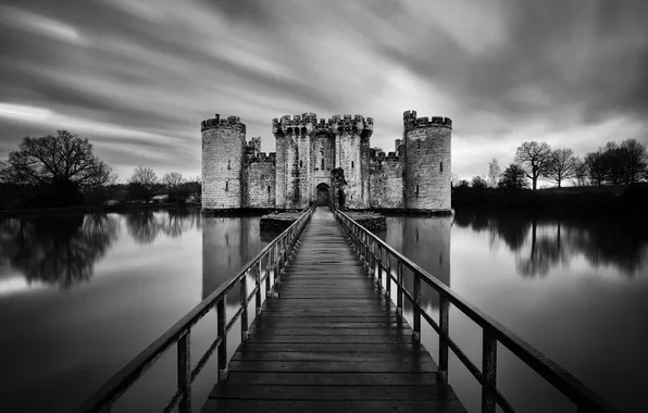 Bridge, water, Castle, black and white