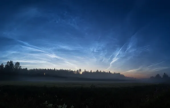 Поле, пейзаж, туман, Night clouds