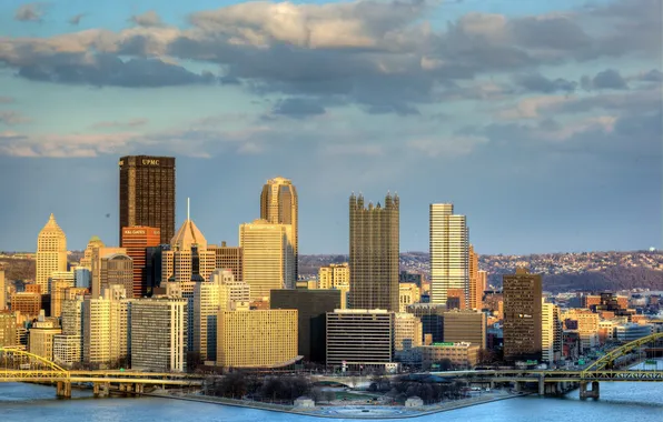 Картинка небо, город, фото, дома, небоскребы, США, Pittsburgh