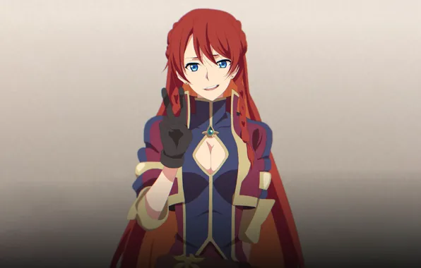 Red, game, peace, red hair, smile, anime, blue eyes, redhead