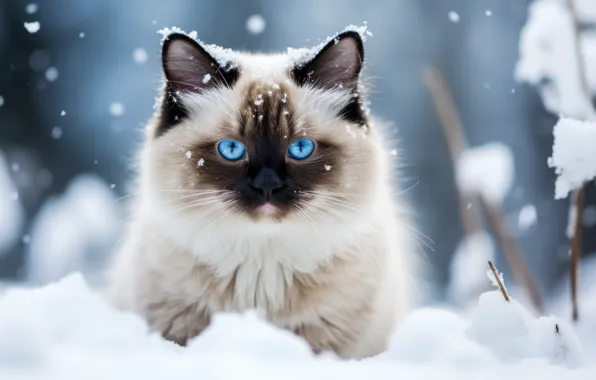 Зима, кошка, взгляд, снег, котенок, мордашка, сиамский, рэгдолл