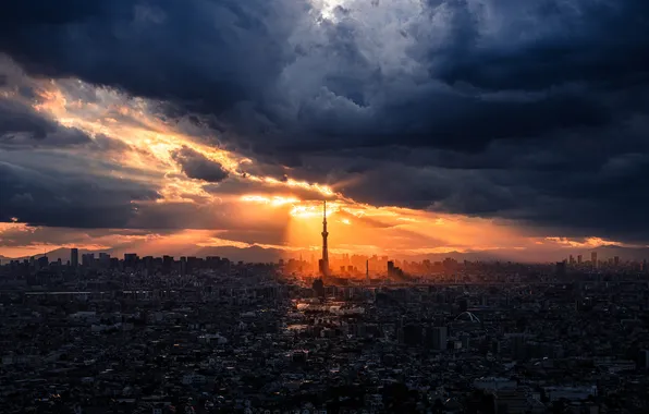 Небо, солнце, тучи, город, панорама, Tokyo, Japan