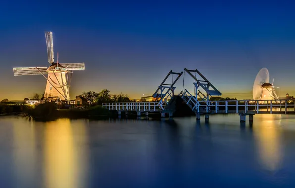 Ночь, мост, огни, канал, Нидерланды, ветряная мельница, Киндердейк
