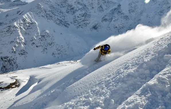 Картинка зима, снег, лыжи, гора, лыжник, экстремальный спорт