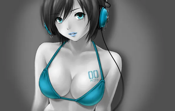 Girl, vocaloid, blue, anime, headphones, meiko