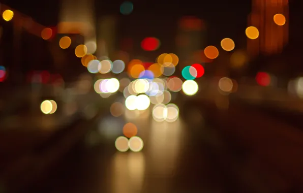 Картинка дорога, свет, машины, ночь, город, огни, разноцветные, боке