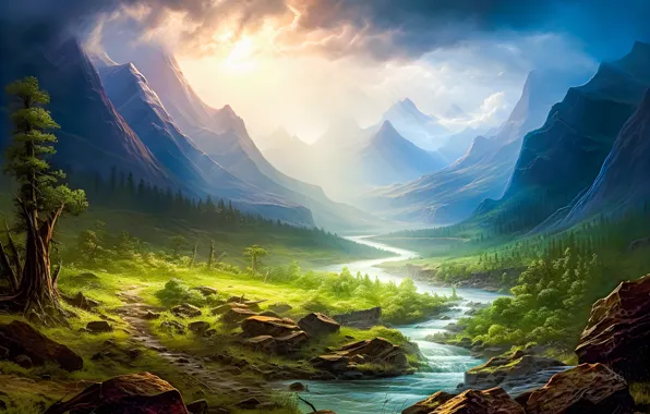 Пейзаж, природа, вид, живопись, цифровая живопись, цифровое искусство, ИИ-арт, нейросеть