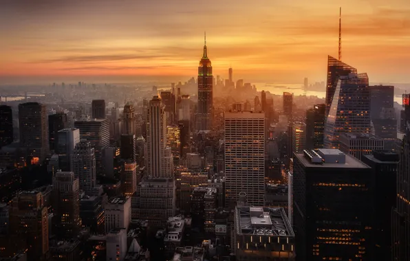 Картинка закат, город, вечер, дымка, США, Нью - Йорк
