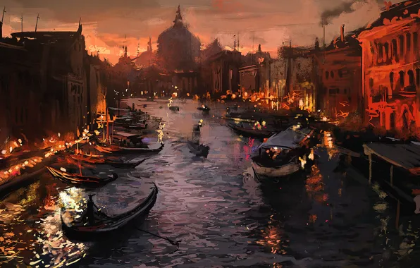 Город, огни, река, лодка, вечер, венеция, art, Venice