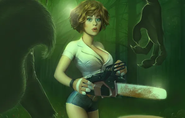 Лес, девушка, ночь, кровь, Арт, бензопила, the girl, and the weresquirrel