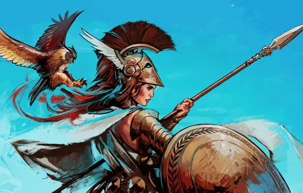 Картинка птица, бог, шлем, копье, щит, богиня, Athena, greek mythology