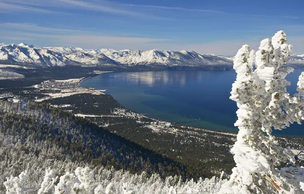 Картинка зима, небо, снег, горы, озеро, дерево