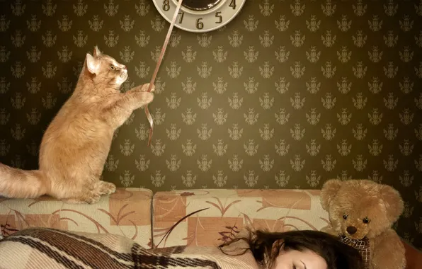 Кот, девушка, обои, часы, мишка, спит, bear, cat