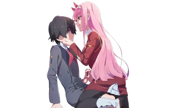 Девушка, фон, пара, белый фон, парень, 002, Darling In The Frankxx, Милый во Франксе