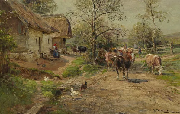 German painter, немецкий живописец, oil on canvas, Карл Штульмюллер, Karl Stuhlmüller, Cowherd with herd in …