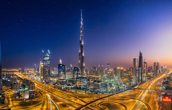 Город, огни, вечер, Дубай, Dubai, ОАЭ, башня Бурдж-Халифа