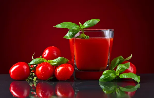 Зелень, листья, стакан, отражение, фон, сок, красные, мокрые
