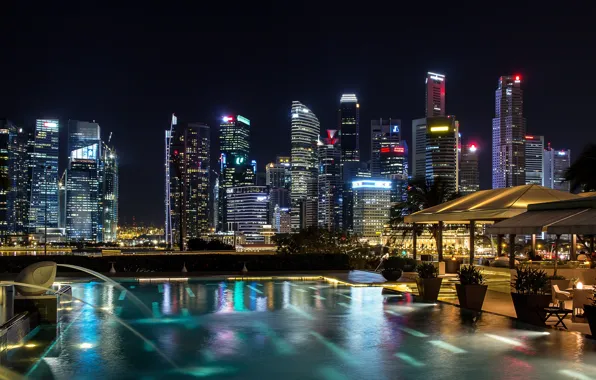 Ночь, огни, здания, Сингапур, небоскрёбы