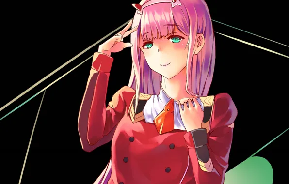 Девушка, чёрный фон, рожки, 002, Darling In The Frankxx, Милый во Франксе, Zero Two