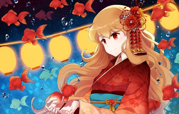Картинка девушка, капли, рыбки, цветы, аниме, арт, кимоно, фонарики