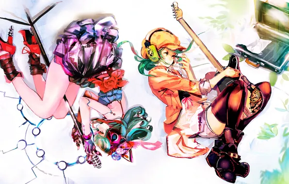 Картинка девушки, гитара, наушники, арт, микрофон, чемодан, vocaloid, hatsune miku
