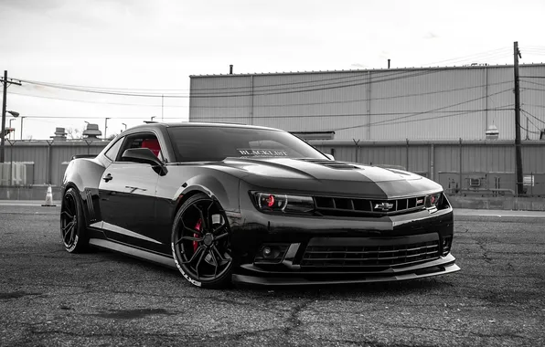 Черный, забор, здание, Chevrolet, Камаро, Шевроле, площадка, Chevrolet Camaro