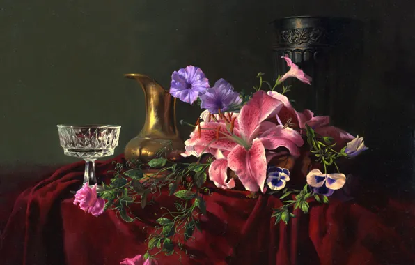 Картинка цветы, стол, лилии, бокал, картина, хрусталь, ткань, ваза