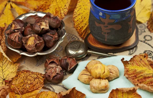 Картинка осень, листья, чай, иероглиф, каштаны, ситечко