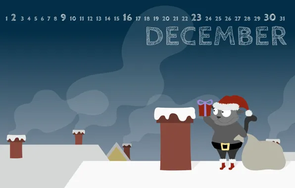 Картинка зима, крыша, кот, новый год, рождество, труба, подарки, new year