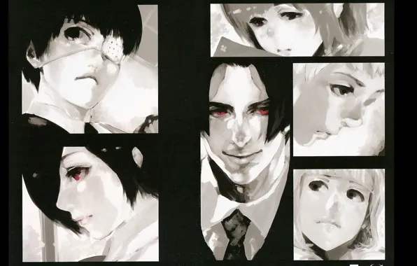 Лицо, монстры, красные глаза, повязка на глаз, Tokyo Ghoul, Ken Kaneki, Touka Kirishima, Juuzou Suzuya