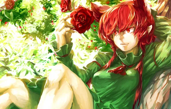 Картинка девушка, цветы, аниме, арт, ушки, touhou, kaenbyou rin, temmasa22
