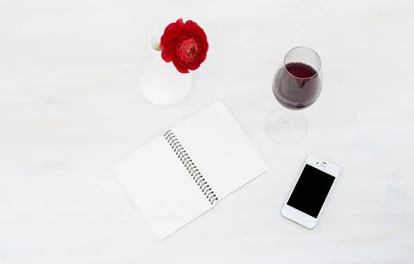 Картинка цветок, вино, бокал, блокнот, телефон