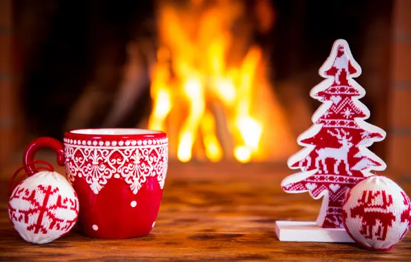 Украшения, Новый Год, Рождество, fire, камин, Christmas, cup, Xmas