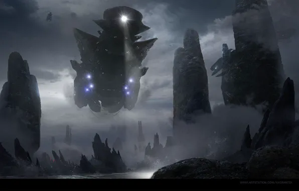 Скалы, корабль, луч, прибой, Descent