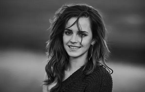 Картинка девушка, black & white, актриса, girl, Эмма Уотсон, Emma Watson, фотосессия, smile