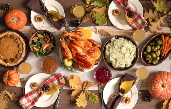 Pumpkin, fried chicken, dinner table