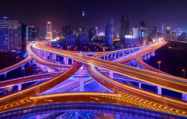 Картинка дорога, свет, ночь, город, огни, выдержка, Китай, Шанхай