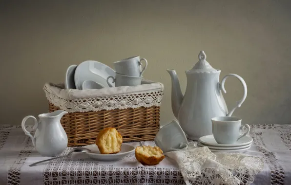 Белый, стол, стена, еда, чайник, ложка, чашки, посуда