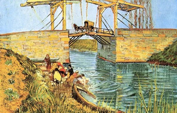 Картинка мост, лодка, карета, Винсент ван Гог, The Langlois, женщины стирают, Bridge at Arles