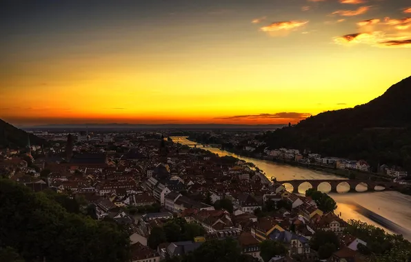 Картинка пейзаж, горы, мост, река, дома, Германия, панорама, зарево