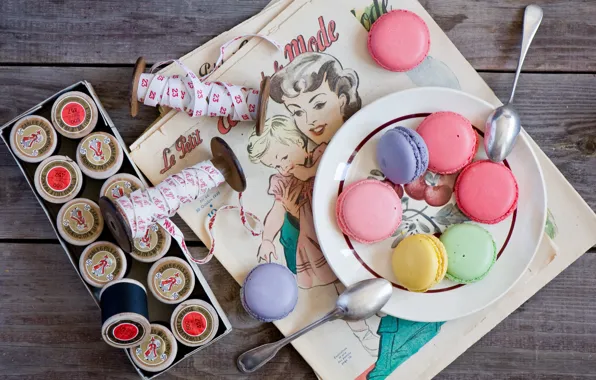 Картинка печенье, тарелка, разноцветное, нитки, десерт, ложки, Anna Verdina, макарун