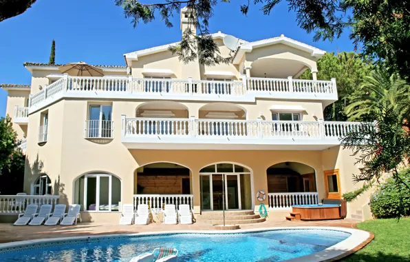 Картинка деревья, дизайн, газон, вилла, дома, бассейн, сад, солнечно