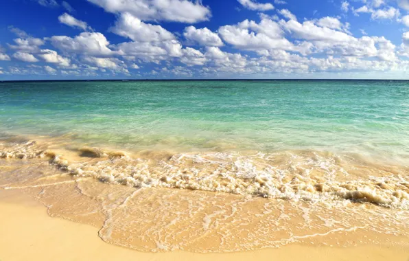 Картинка песок, волны, пляж, небо, облака, Океан