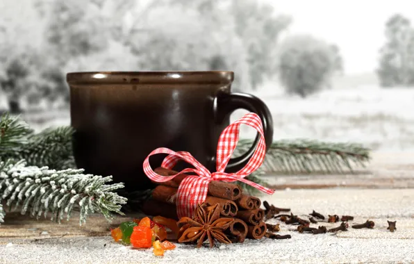 Картинка зима, снег, веточка, чай, кофе, лента, сосны, winter