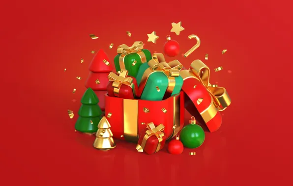 Картинка украшения, рендеринг, фон, елка, Рождество, подарки, Новый год, red