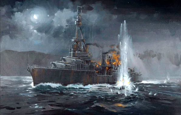 Картинка взрыв, ночь, огонь, рисунок, арт, американский, WW2, тяжёлый крейсер «Нортхэмптон»