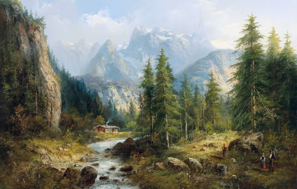 Горы, Деревья, Люди, Картина, Речка, Австрийский художник-пейзажист, Эдуард Бем, Eduard Boehm