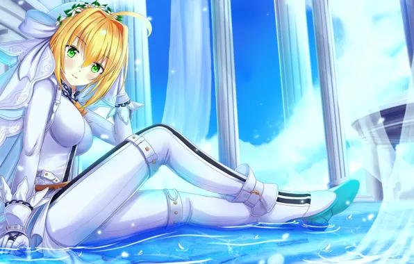 Девушка, сидит, белый костюм, сейбер, Saber Alter, Fate / Grand Order, Судьба великая кампания