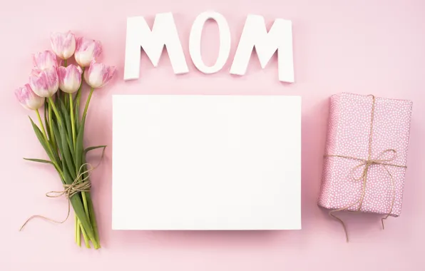 Праздник, подарок, надпись, букет, тюльпаны, Mom