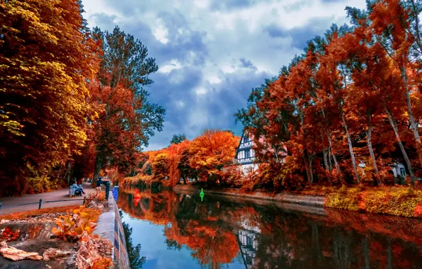 Картинка осень, листья, деревья, пейзаж, отражение, река, красота, домик
